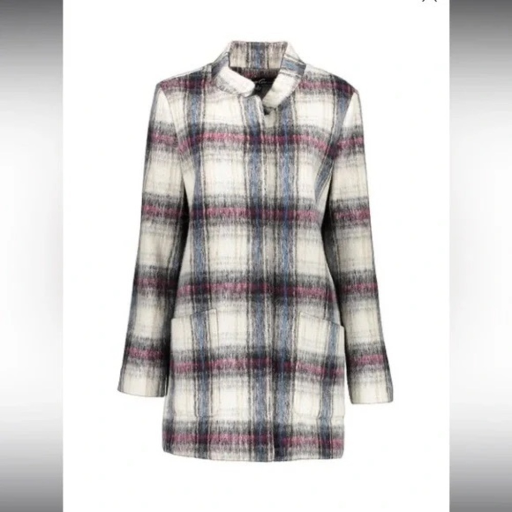 Kenneth Cole New York Mid Length Snap Pea Coat W/ Brushed Plaid Outerwear
